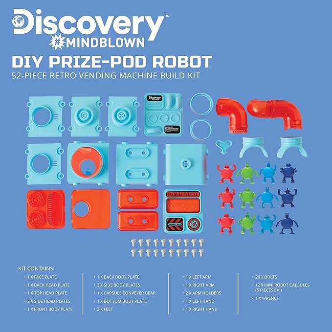 Discovery DIY Prize-Pod Robot Kit, 52-Piece Vending Machine Building Set, 12 Transforming Capsules, Educational Science Experiment, Engineering STEM Project, Robotics Toy Gift Kids Age 8+