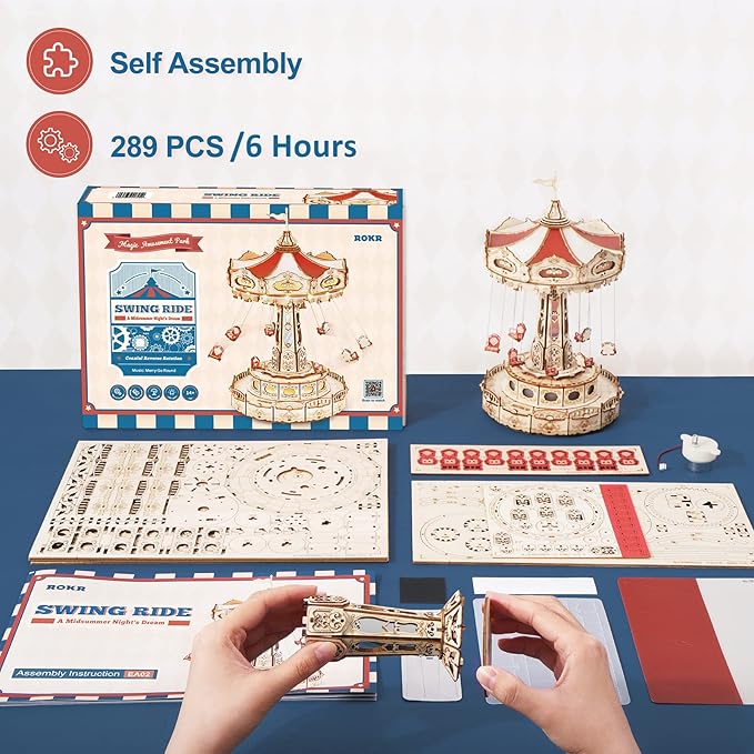 ROKR 3D Puzzles Wooden Music Box Kit with LED, Rotating Swing Ride Mechanical Model Kit DIY Wood Craft Hobbies Kit for Adults Birthday for Adults