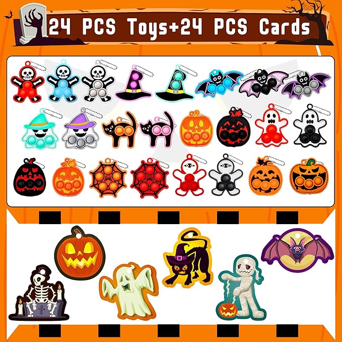 Halloween Pop Fidget Toys Bulk,24 Packs Halloween Kids Party Favors with Spooky Cards,Mini Keychain Sensory Stress Toy Set for Trick or Treat,Toddlers Teens Classroom Prizes Goodie Bag Stuffers