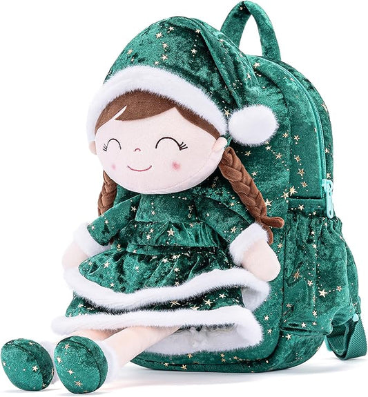 Gloveleya Plush Backpack Toddler Backpack Removable Doll and Backpack Baby Girl Gifts for 2 to 8 Years Girl Birthday Gifts with Green Doll 11”