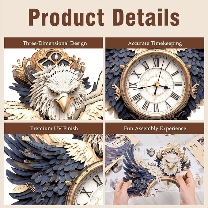 KAAYEE 3D Puzzle for Adult, Wooden Eagle Pendulum Clock Mechanical Model Kit, 33 PCS DIY Vintage Wall Clock Building Kit, Creative Craft Gift for Birthday Home Decor (Battery Not Included)
