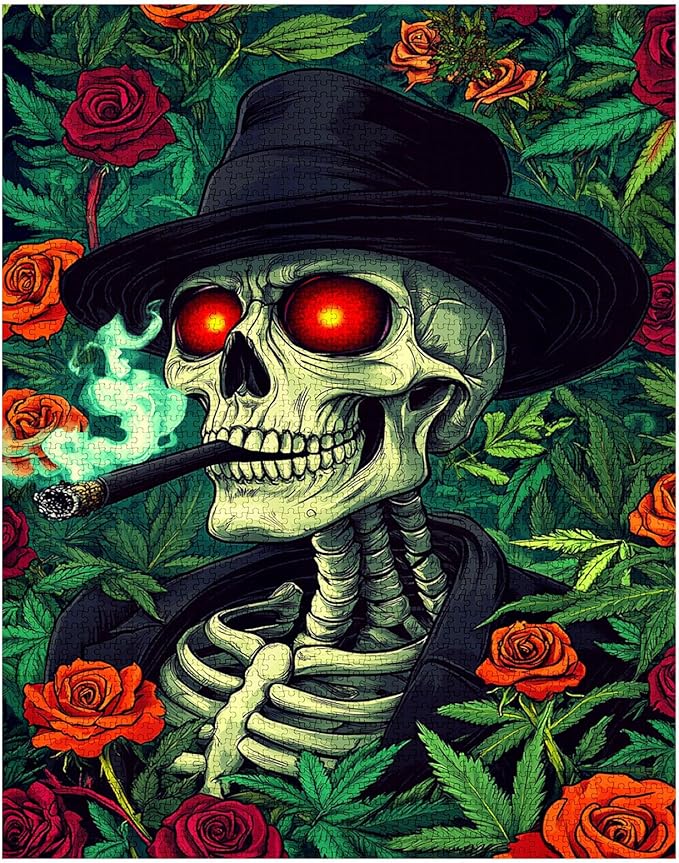 Tucocoo Skeleton Smoking Jigsaw Puzzle 1000 Pieces Puzzles for Adults, Green Garden Roses Skull Art Puzzles for Challenging Family Activity Games Colorful DIY Craft Puzzle for Home Wall Decor Gifts
