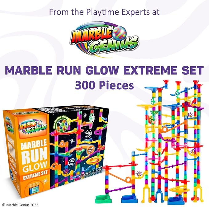 Marble Genius 300 pcs Glow Marble Run Track Race Extreme Set for Kids Age 4+, Glow in The Dark, STEM Educational Building Block, Color Instruction Manual, for Kids