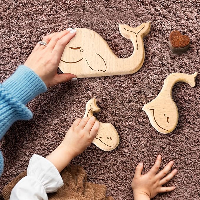 Wooden Whale Family Puzzle Games, Personalized 4 Name Puzzle for Home Crafts Decor, House Warming Birthday Party Gifts for Mom Dad Grandma Kids New Baby, Wooden Bear Family
