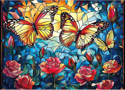 Blueforest 1000 Piece Stained Glass Butterfly Puzzle - Vibrant Mosaic Flower Garden Jigsaw Puzzle, Complex Art Therapy Puzzles for Adults, Framable Wall Decor 27.5"x19.7"