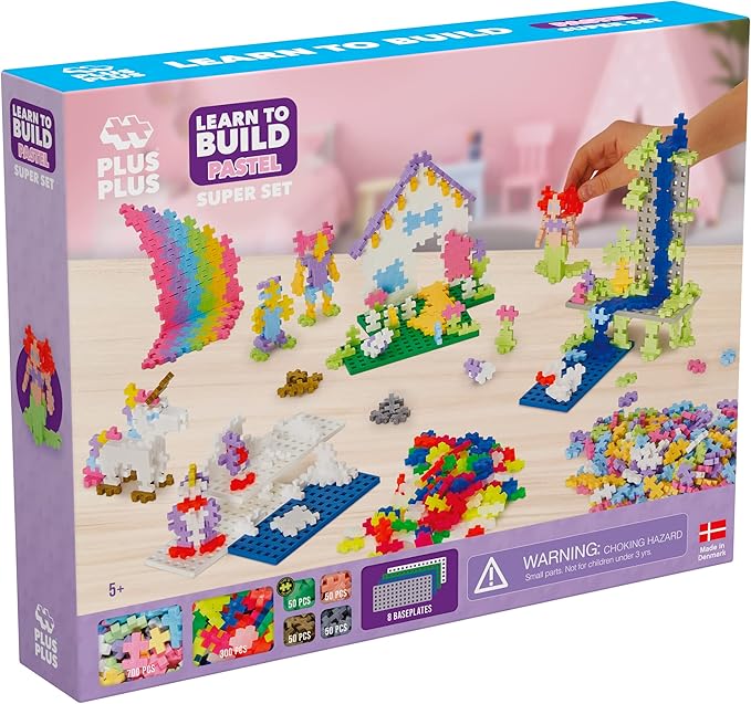 Plus-Plus - Learn to Build Super Set - Pastel Mix, 1,200 Pieces w/ 4 Baseplates - Construction Building Stem/Steam Toy, Interlocking Mini Puzzle Blocks for Kids