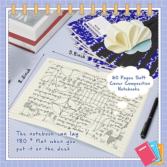 Fainne 100 Pack A5 Composition Notebooks Bulk College Ruled Composition Notebooks Marble Covers Notebook for Student Classroom Office Supplies 30 Sheet/60 Page(Dark Blue)