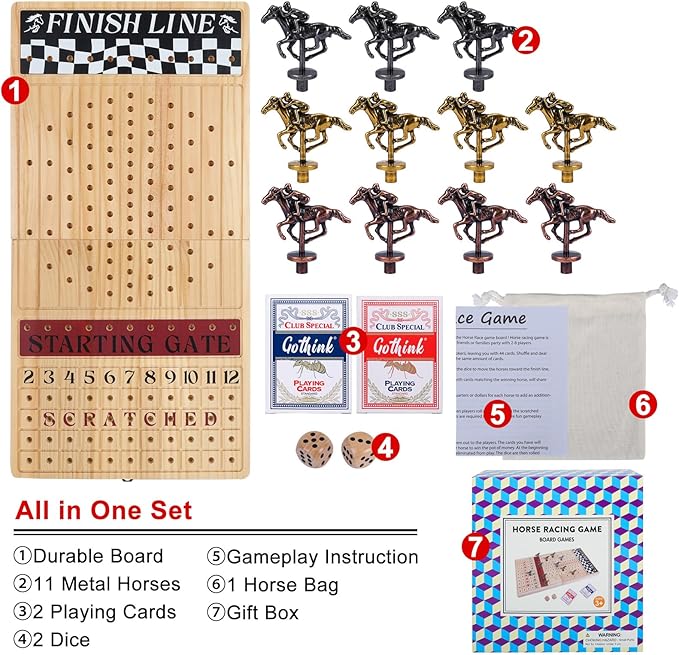 Large 23 inches Horse Race Board Game, Premium Durable Foldable Wooden Box, Horse Racing Game with 11 Retro Metal Horses, 2 Dices and 2 Playing Cards Fun Family Night Games for Adults Kids