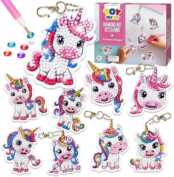 TOY Life Diamond Art Kits for Kids, 9PCS DIY Unicorn Diamond Painting Kits Keychains for Girls, Diamond Dots Gem Art for Kids 4-8 8-12