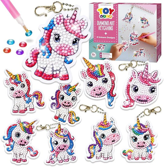 TOY Life Diamond Art Kits for Kids, 9PCS DIY Unicorn Diamond Painting Kits Keychains for Girls, Diamond Dots Gem Art for Kids 4-8 8-12