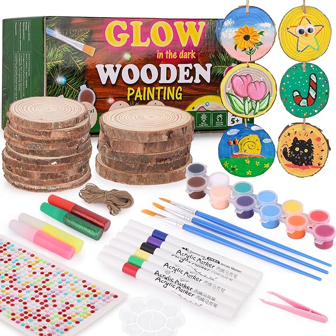 Wood Painting Art Kits for Kids - Arts and Crafts for Kids Ages 6-9 8-12, Gifts for Girls Boys Art Supplies, Glow in The Dark Wooden Painting Set, Birthday Christmas Gift Party Activities