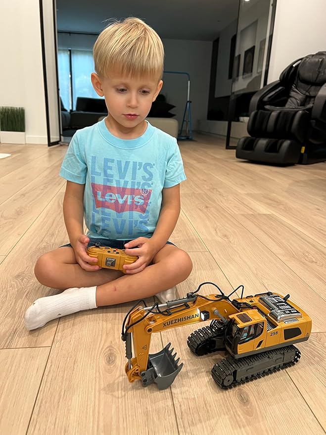 Remote Control Excavator Construction Toys for Boys, 2×1200mAh RC Construction Truck with Metal Shovel & Light, 11CH Excavator Toys for Boys 3-5 4-7 8-12 Year Old Kids Christmas Birthday Gift,120+Mins