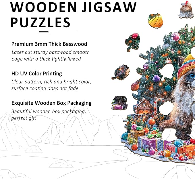 Wooden Puzzles for Adults - Christmas Cat Wooden Jigsaw Puzzle 86 pcs - Unique Animal Shape Wood Cut Puzzles - Eco-Friendly Home Office Decor (8.4 * 7.4in)