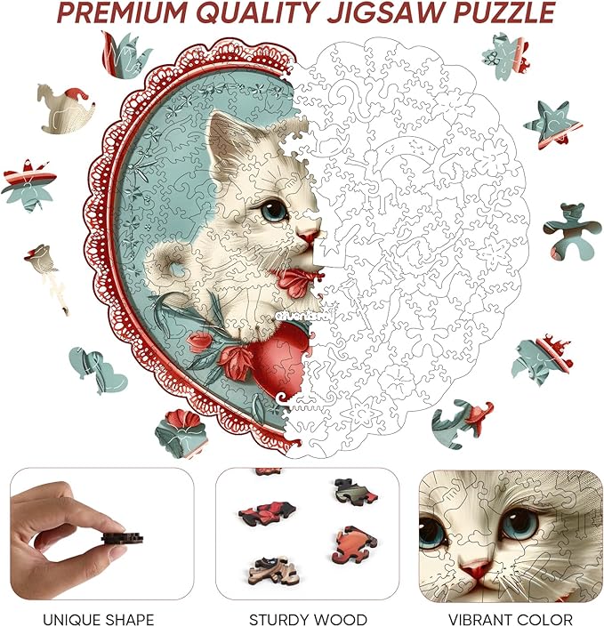 Wooden Puzzle for Adults - 3D Vision Effect Heart Cat Wooden Puzzle 500 Pcs Unique Shape Advanced Wooden Jigsaw Puzzle, Wood Puzzles, Challenge Wooden Jigsaw Puzzle(15.6 x 15.6 in)