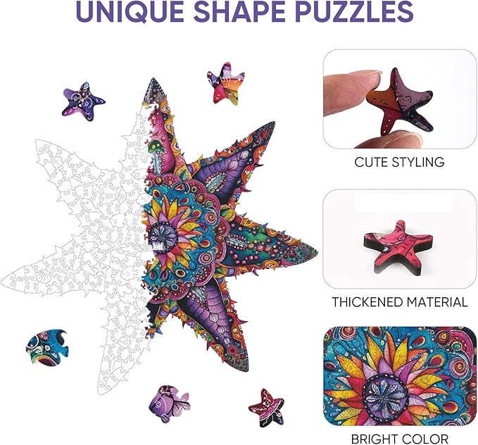 Starfish Wooden Puzzles 200 Pieces, Ocean Puzzles for Adults, Unique Shape Animal Adult Puzzles, Irregular Wooden Best Gift for Adults Family Game (14.3x14.3 in)