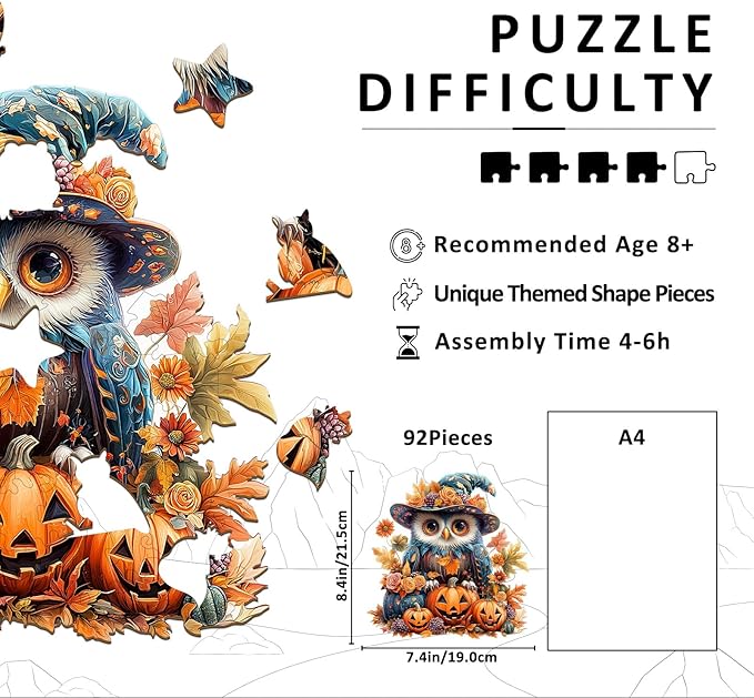 Wooden Puzzles for Adults - 92 Pieces Halloween Owl Wooden Jigsaw Puzzle - Unique Animals Shape Wood Cut Puzzles - Eco-Friendly Home Office Decor (S-8.4 * 7.4in)