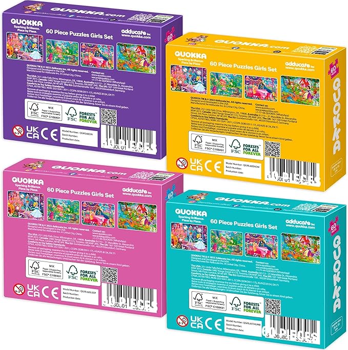 QUOKKA Puzzles for Kids Ages 4-6 – 4-Pack 60-Piece Puzzles for Kids – Fairy Tale Jigsaw Puzzle Set – Toddler Puzzle Ages 4-6 – Educational Learning Toys – FSC Certified – Gift for 5 Year Olds