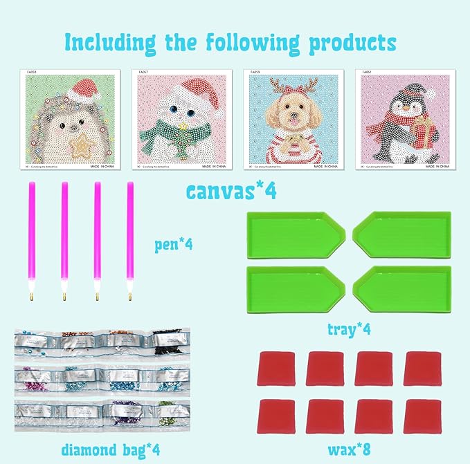 Libfx Diamond Art Kits for Kids 4 PCS Diamond Art for Girls Boys Beginners Arts and Crafts for Kids Ages 8-12 (Hedgehog Penguin Cat Dog)