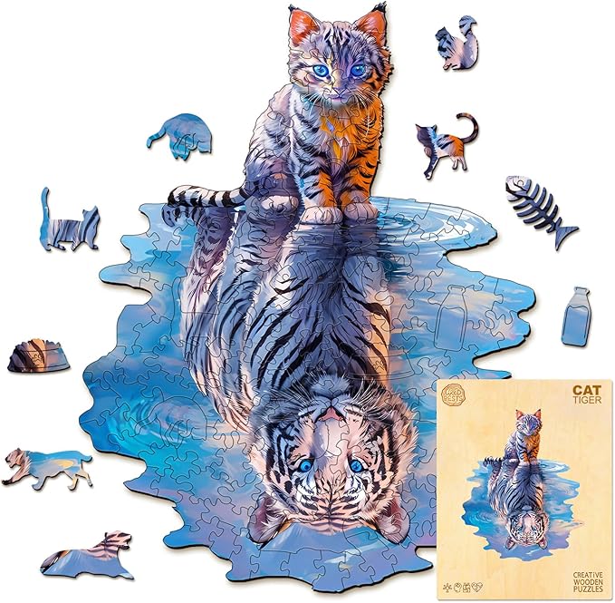 Wooden Puzzles for Adult, Cat Tiger Wooden Jigsaw Puzzles, Unique Shape Wooden Jigsaw Puzzle, Best Gift for Family Game (S-8.4 * 6.8in-95pcs)