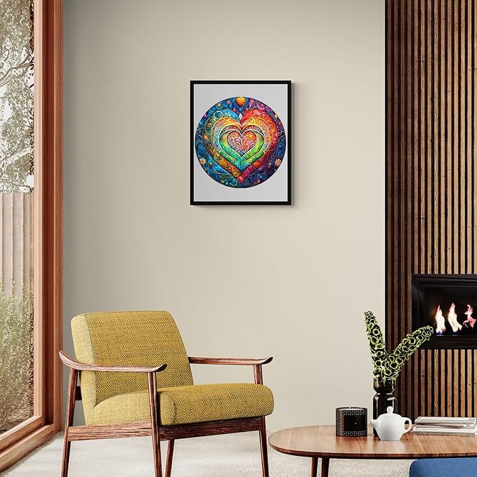 Wooden Puzzles for Adults - 300 Pieces Mandala Heart Wooden Puzzle - Unique Shape Wood Cut Puzzles - Eco-Friendly Home Office Decor (L-13.4 * 13.4in)
