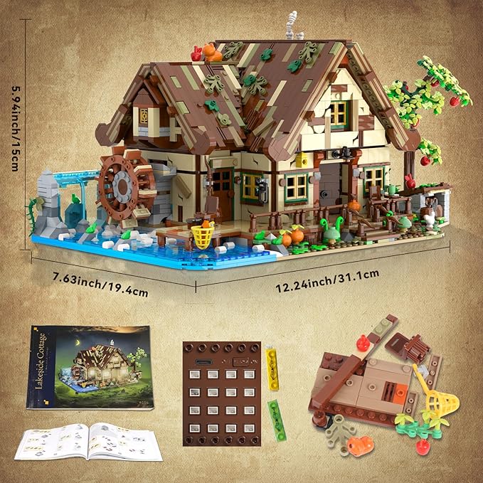 Wood Cabin Mini Building Set with Lights, Forest House Building Block Kit with Animals Stream Waterwheel, 2570 PCS Treehouse Construction Model Toy Collection for Adults Teens Boys Girls 12+