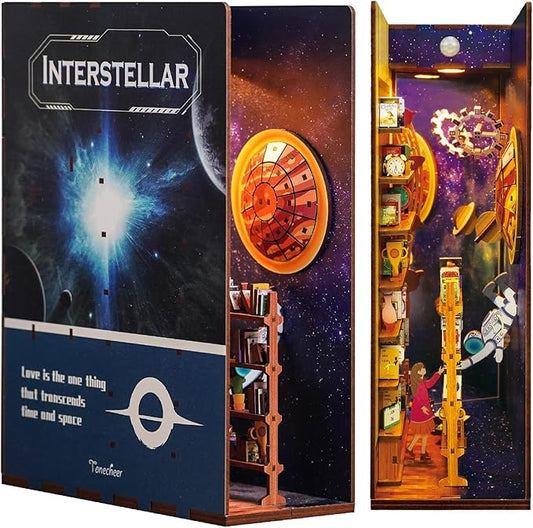 Tonecheer DIY Book Nook Kit for Adults,3D Wooden Puzzle Bookend Bookshelf Insert Library Decor, Booknook Miniature House Kit with Body Motion Sensor LED Light（Interstellar）