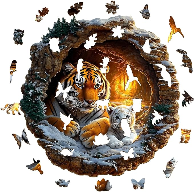 Wooden Puzzle 3D Visual Effect Lion Unique Shape Advanced Wood Puzzle for Adults,Holiday Birthday Gift,Craft kit (Tiger Family, Medium)