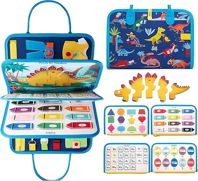 Busy Board for 1+ Year Old Sensory Toys for Toddlers 1-3 Montessori Learning Busy Book for Boys Girls Preschool Toys Gift (Dinosaur)