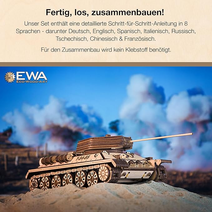 3D Wooden Puzzles for Adults - DIY T-34-85 Tank 3D Puzzle Model Kit with Rubber Band Engine, Rolling Wheels & Rotating Cannon - 3D Wooden Puzzle for 15 yrs Above & Adults - Eco Wood Art, 965 Pieces