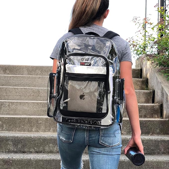 Wholesale 20-Pack Bulk Case Clear PVC Backpacks Bundle includes Black, Orange, Purple, and Green Trim, 17" Transparent School Approved Backpack, Daypack, Stadium Bag, Bookbag
