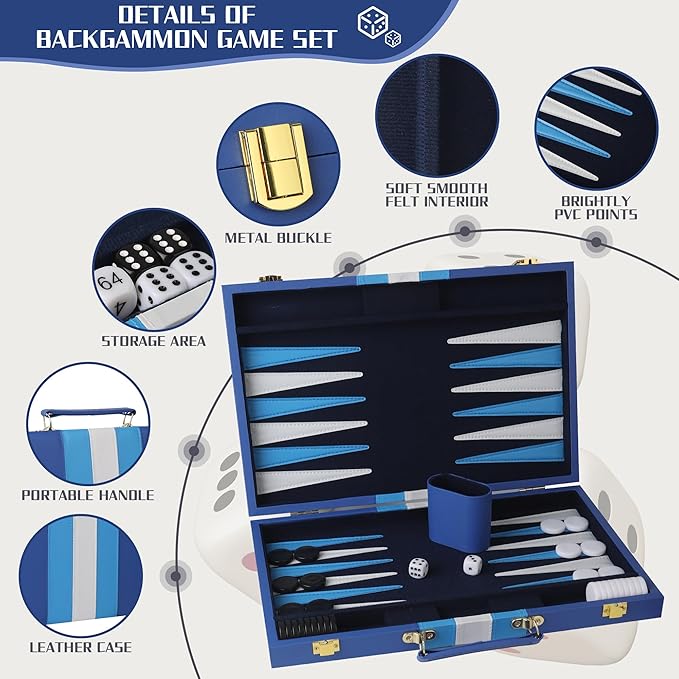 Froggod 15 inch Backgammon Sets for Adults - Classic Board Game for Adults - Portable Travel Backgammon Set for 2 Players - Perfect Adult Board Games for Gifts & Family Fun(Vivid Blue)
