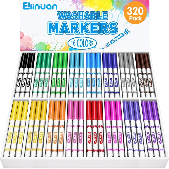 320 Count Washable Markers Bulk, 16 Assorted Colors, Colored Thin Marker with Conical Tip, Washable Markers for Kids, Bulk Marker for Classroom, School Art Supplies for Students Teachers