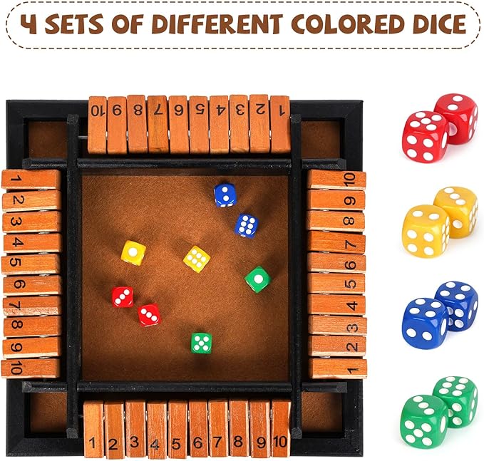 Shut The Box Dice Game, 1-4 Players Wooden Family Board Math Game with 12 Dice ，Pub Strategy Dice Game for Adults Classic Tabletop Educational Game for Family, Classroom, Home