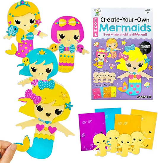 VKPI 4 Pieces EVA Foam Art Crafts Gift Kit, Creative Make Your Own Mermaids, Cartoon Foam Paper Craft Projects for Kids Ages 4+ Toddler, Preschool Learning Toy for Birthday Party Favor Supplies