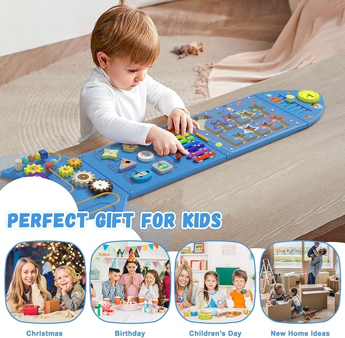 Montessori Busy Board - Blue Rocket Activity Wall Panels, Wall Toys for Toddlers 3+, Sensory Panels for Kids, Wooden Activity Cubes, Playroom Daycare Toys, Toddler Sensory Board (4PCS)