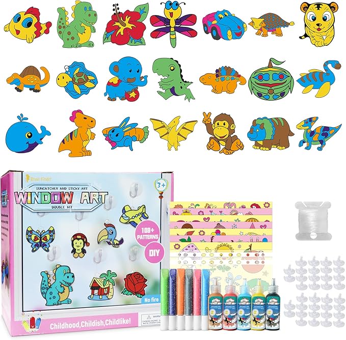 Window Paint Art, 36 Suncatchers Double Craft Kit for Kids – Children’s Make Your Own Fun Suncatcher Set Suction Cups DIY Car & Mirror Arts Crafts Children