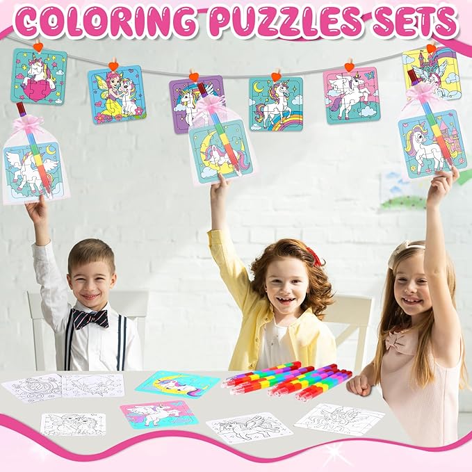12 Sets Unicorn Puzzles Rainbow Color Your Own Puzzles DIY Jigsaw Crafts with 12 Stackable Crayons and 12 Bags for Pastel Macarons Theme Gifts Birthday Party Supplies(12, Unicorn)