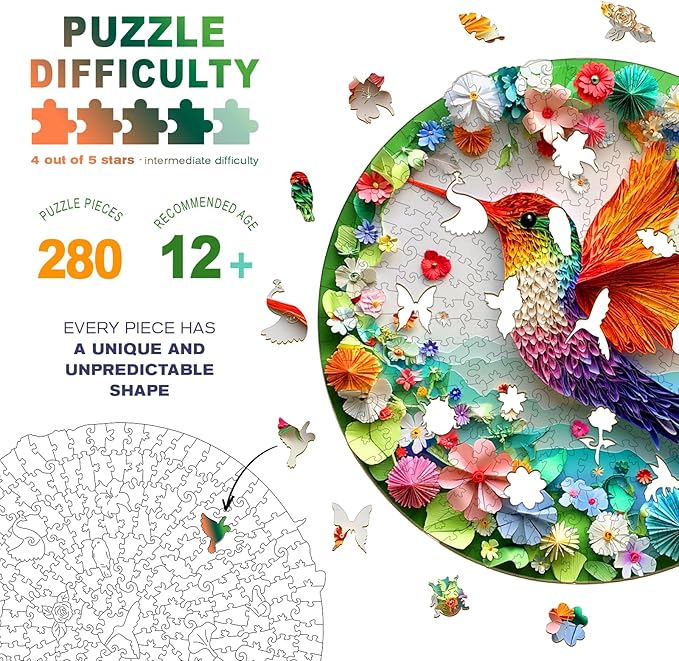 Wooden Puzzles for Adults - Hummingbird Wooden Jigsaw Puzzle - Unique Shape 3D Vision Wood Puzzles Adult - Christmas Birthday Gifts for Adults/Friends/Family - 280pcs 13.3 * 13.2in