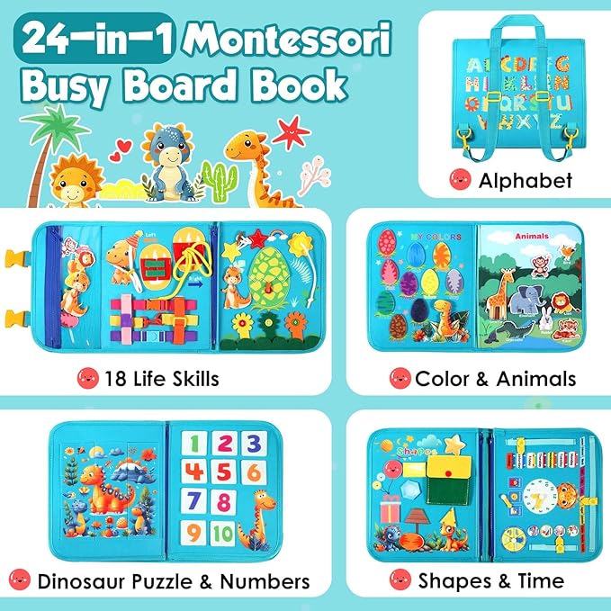 FREYBLI Toddler Busy Board, Montessori Toys for Boy Birthday Gift, Educational Quiet Activity Busy Book for Toddlers, Airplane Car Travel Toys