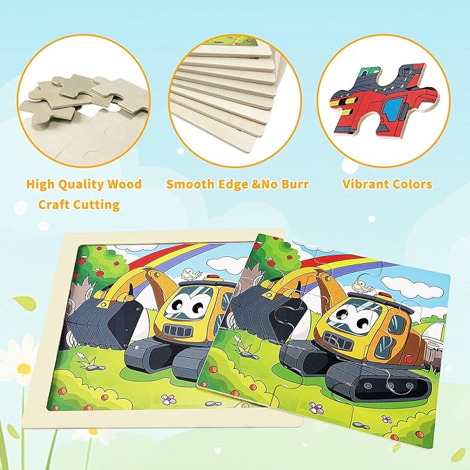 Wooden Puzzles for Toddlers 3-5,9 Pieces Jigsaw Puzzles for Kids Ages 3-5,Construction Vehicle Jigsaw Puzzle Preschool Learning Toy Gift for Boys Girls 3 4 5 Years Old