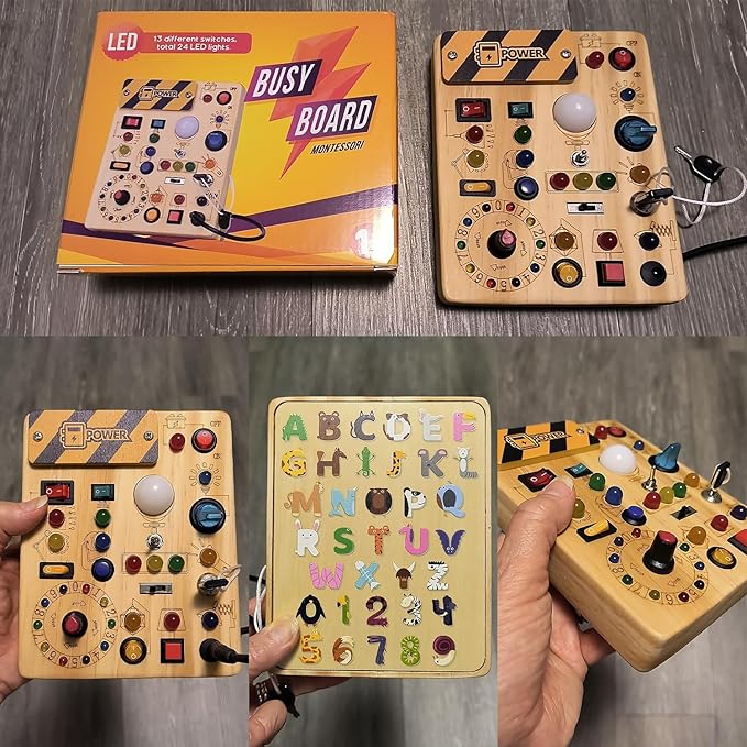 RichBoy Busy Board for 1-3 Year Old, 37 in 1 LED Light Up Wooden Sensory Montessori Switch Board Toy for Toddlers Travel Gift (6.7" x 5.3")
