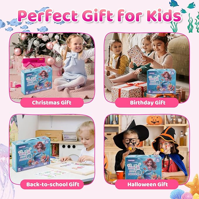 Floor Puzzles for Kids Ages 3-5, Mermaid Puzzles for Toddler Ages 4-6, 48 Pieces Jumbo Puzzles with Box, Mermaid Toys for Gifts 3-8 Years Old