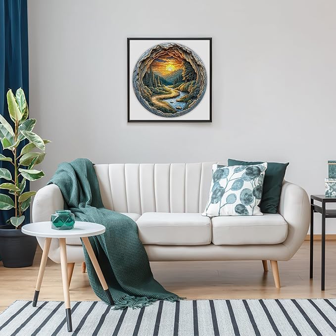 Nature Art Wooden Jigsaw for Adults - Unique Animal Shaped Wood Jigsaw Puzzle, 454 Pieces Large Size Adult Wooden Puzzles, Round Cave Stunning Sunset Forest Scene Landscape Wood Puzzle