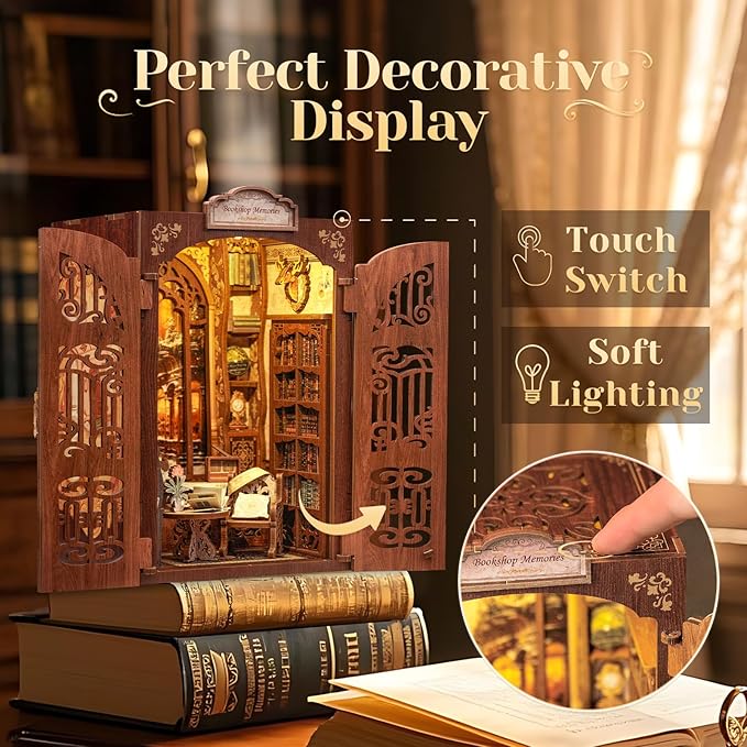CUTEBEE DIY Book Nook Kit, Miniature House Kits for Adult and Teens, DIY Miniature Book Nook kit with Sensor Led Light, Gifts for Lovers and Family (Bookshop Memories)