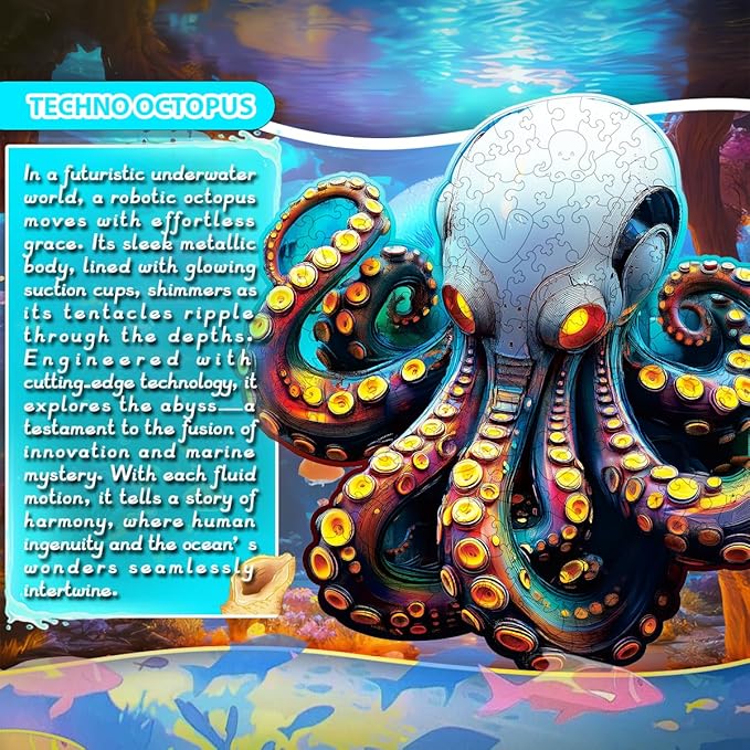 Wooden Jigsaw Puzzle, 200-500 Pieces Unique Shape Animal Puzzle, for Adults & Kids, Birthday Gift Family Game, Decorative Puzzle, Unique Gift (Techno Octopus, 200 PCS)