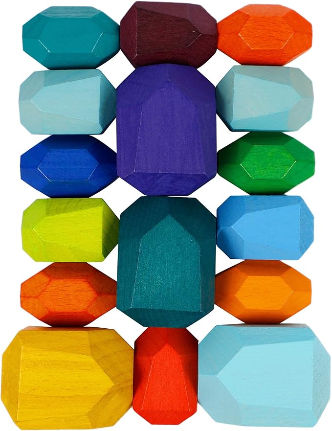 16 Pcs Wooden Stacking Blocks Rocks Building Toys, Colored Solid Wood Stones Pre-School Educational Games Creative Toys for Kids Toddlers