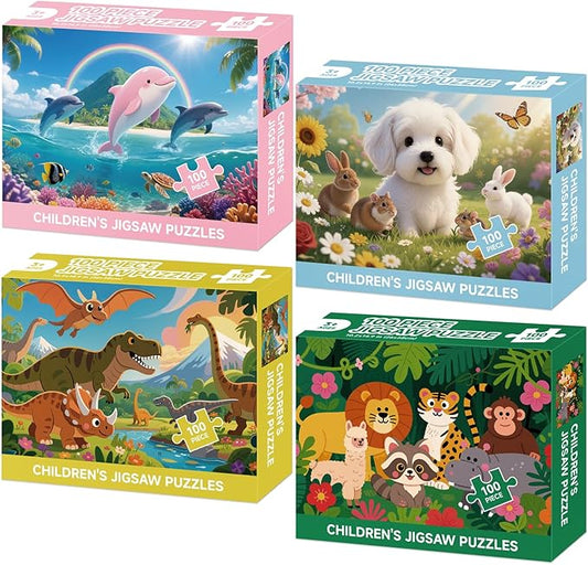 4 Packs 100 Piece Puzzles for Kids Ages 4-6 6-8 8-10, Wildlife Dinosaurs Dogs Dolphins Kids Puzzles Ages 3-5 4-6 5-8, 100 Large Piece Jigsaw Puzzles Educational Toys Gift for Boys and Girls (15x10 in)