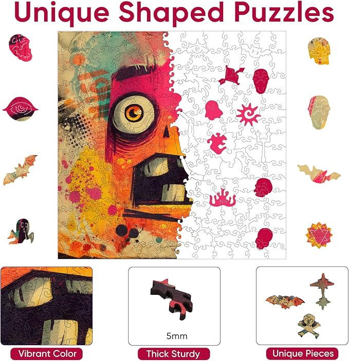 Ruikiyart Wooden Puzzles for Adults, 5MM 500 Pieces Funny Scared Expression Wooden Jigsaw Puzzle, Unique Shaped Puzzle Gifts for Adults and Kids on Christmas, Family Puzzle Games (Red, 15.9''x15.9'')