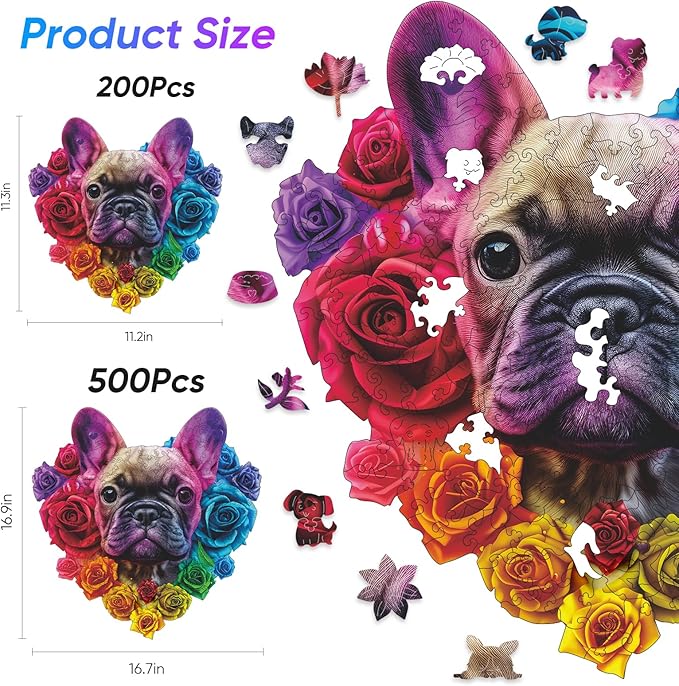 Ruikiyart Wooden Puzzles for Adults, 5MM 200 Pieces Love Bulldog Wooden Jigsaw Puzzles, Unique Shapes Pieces Dog Puzzle Gift for Kids and Adults on Birthday,Thanksgiving,Christmas (11.2" x 11.3")