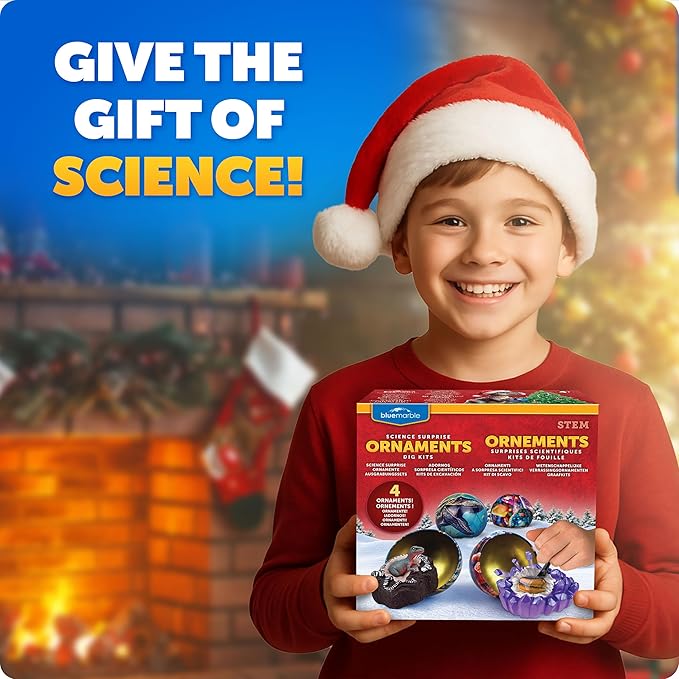 Blue Marble Science Surprise Christmas Ornament Dig Kits – 4 Ornaments with Mini Gemstone and Dinosaur Dig Bricks, Includes Digging Tools and Learning Guide